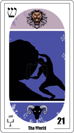 Téléchargez les illustrations : Carte de tarot égyptienne numéro vingt et un, appelé Le Monde. Silhouette de Sisyphe, et les têtes d'un lion et d'une chèvre. Neptune en Verseau. - en licence libre de droit