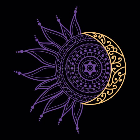 Illustration for Sun and moon t-shirt design with Hindu style. Violet mandala. - Royalty Free Image