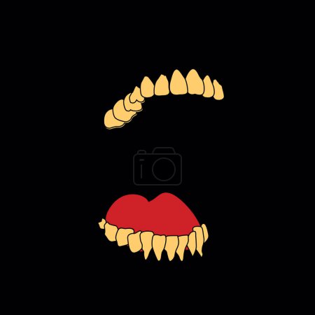 Téléchargez les illustrations : T-shirt design d'une bouche ouverte avec des dents jaunâtres et une langue rouge sur fond noir. Illustration vectorielle minimaliste. - en licence libre de droit