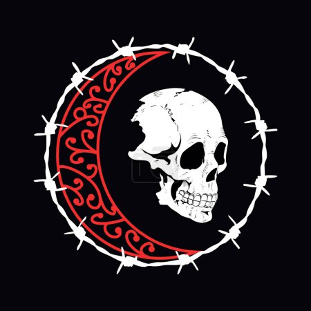 Ilustración de Camiseta de diseño de un cráneo rodeado de alambre de púas y una media luna roja sobre un fondo negro. - Imagen libre de derechos