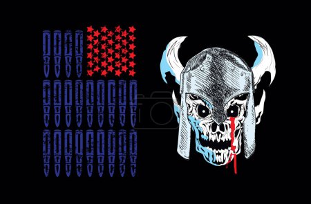 Illustration for T-shirt design of a skull with a helmet and horns next to a United States flag on a black background. Critical image of North American arms production. - Royalty Free Image