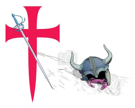 Téléchargez les illustrations : T-shirt design d'une grande croix médiévale à côté d'une épée et d'un casque à cornes tombées. Illustration sur les thèmes des chevaliers errants. - en licence libre de droit