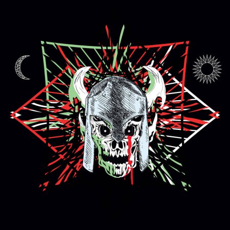 T-shirt design of a skull with a helmet with horns and the symbols of the sun and the moon on a black background. Demonic image.