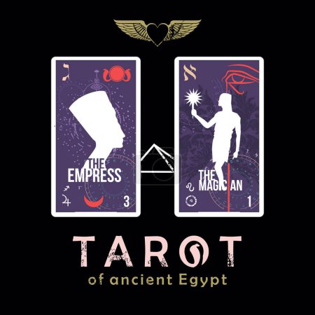 Illustration for Tarot of ancient Egypt. T-shirt design of the cards called The Empress and The Magician on a black background. Winged heart - Royalty Free Image