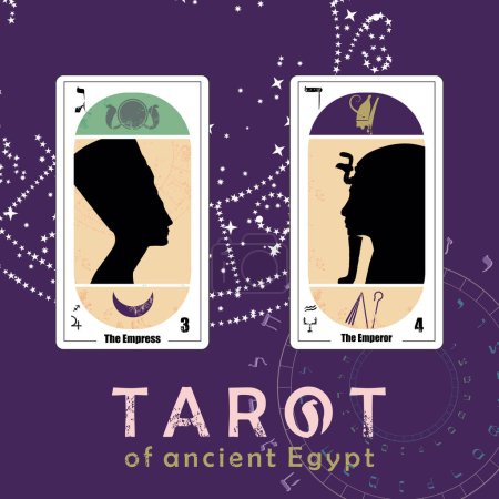 Téléchargez les illustrations : Tarot de l'Egypte ancienne. T-shirt design des cartes appelées L'Impératrice et L'Empereur. - en licence libre de droit