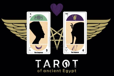 Téléchargez les illustrations : Tarot de l'Egypte ancienne. T-shirt design des cartes appelées L'Impératrice et l'Empereur avec une étoile, des ailes et un cœur - en licence libre de droit