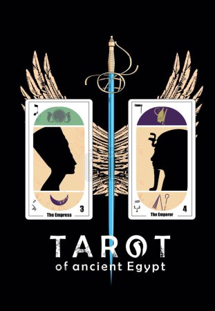 Illustration for Tarot of ancient Egypt. T-shirt design of a winged sword and two tarot cards called The Empress and The Emperor isolated on black - Royalty Free Image