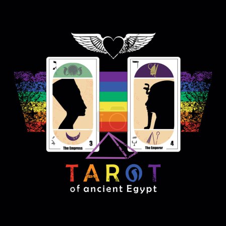 Illustration for Tarot of ancient Egypt. T-shirt design featuring two Egyptian tarot cards on a multicolored rainbow. Gay pride and esotericism. - Royalty Free Image