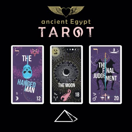 Tarot of ancient Egypt. T-shirt design with three Egyptian tarot cards on a black background. Winged heart