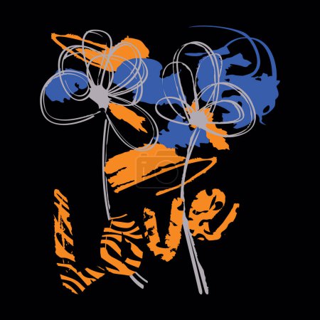 Ilustración de Amor. Camiseta de texto con estampado animal y dos flores sobre fondo negro. - Imagen libre de derechos