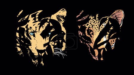 Téléchargez les illustrations : T-shirt design de deux têtes de tigre et de léopard cachées derrière les feuilles. - en licence libre de droit