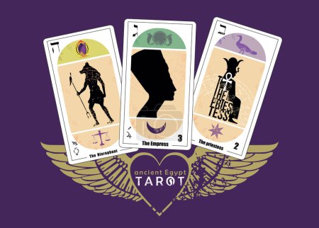 Téléchargez les illustrations : Tarot égyptien ancien. Conception de T-shirt avec trois cartes de tarot égyptien avec un symbole de coeur avec des ailes. - en licence libre de droit
