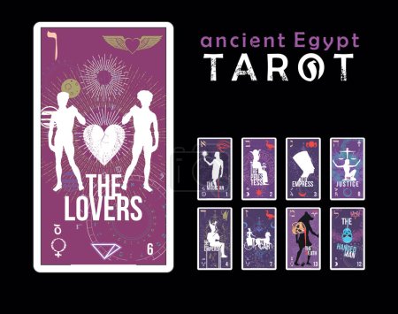 Anciente egypt Tarot. Egyptian tarot card set. Card called The Lovers with male silhouettes and winged heart.