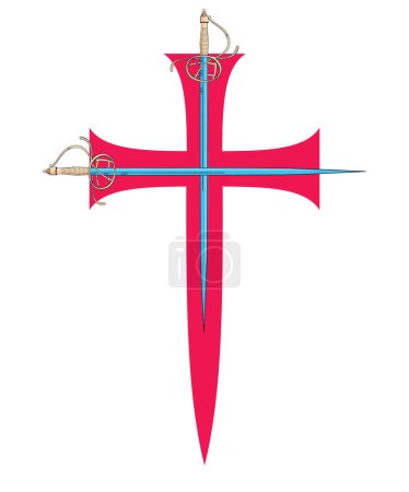 Illustration for Vector illustration of two swords clashing over a red cross. Ideal design for chivalry and adventure comics. - Royalty Free Image
