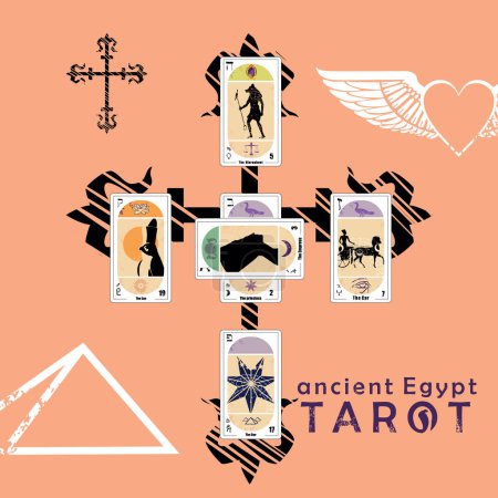 Ancient Egyptian Tarot. Design of several tarot cards next to two crossed ancient swords on a pink background.