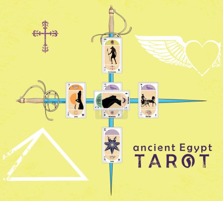 Ancient Egyptian Tarot. Design of several tarot cards next to two crossed ancient swords on a yellowish background.