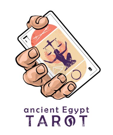 Ancient egypt tarot. T-shirt design of a hand holding an Egyptian tarot card number eight on a white background.