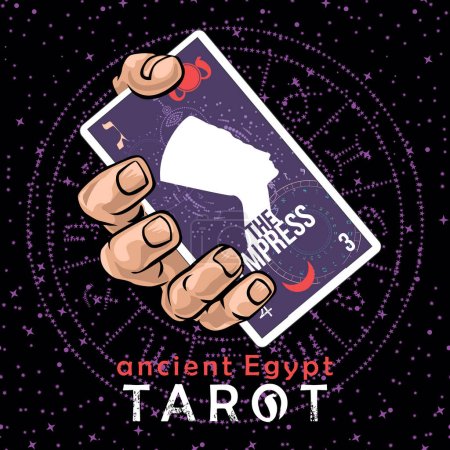  Ancient Egyptian Tarot. T-shirt design of a hand holding the Egyptian tarot card number three, called The Empress with the image of Nefertiti.