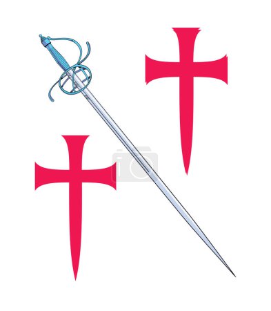 Téléchargez les illustrations : T-shirt design de deux grandes croix médiévales à côté d'une ancienne épée inclinée. Illustration pour thèmes de cavalerie. - en licence libre de droit