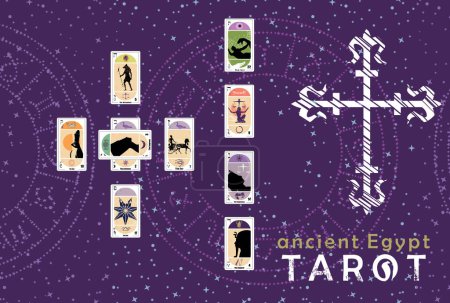 Téléchargez les illustrations : Tarot égyptien ancien. Mise en page de différentes cartes de tarot dans un exemple de propagation de carte sur fond bleu et étoilé. Ésotérisme et divination. - en licence libre de droit