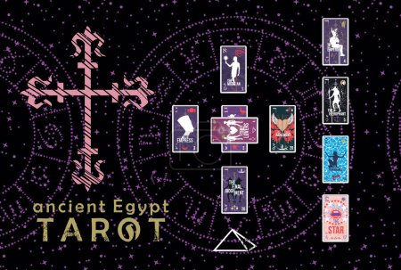 Ancient Egyptian Tarot. Layout of various tarot cards in a card spread example on blue and starry background. Esotericism and divination.
