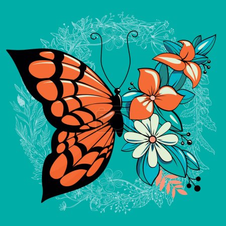 t-shirt design d'un papillon mélangé avec des fleurs.