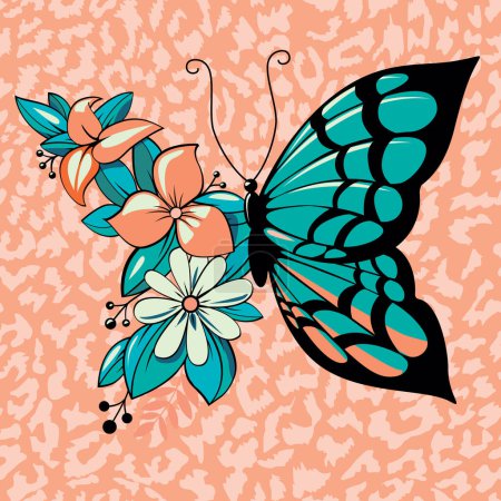 Illustration for T-shirt design of a butterfly mixed with flowers. Seamless pattern of orange leopard print. - Royalty Free Image