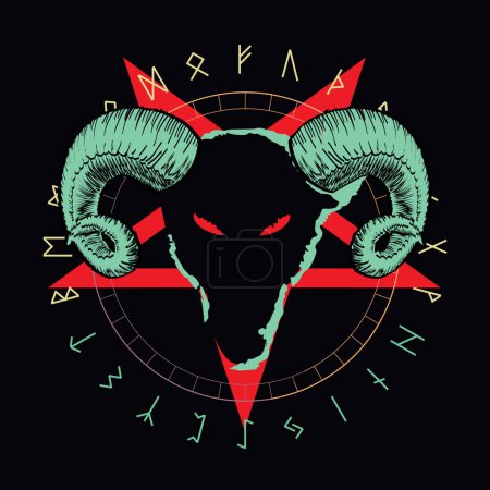 Illustration for T-shirt design of a goat head along with a demonic red star and an alphabet of runes. - Royalty Free Image