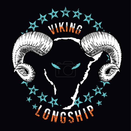 Wikinger-Langschiff. T-Shirt-Design des Ziegenkopfes, umgeben von Sternen auf schwarzem Hintergrund,