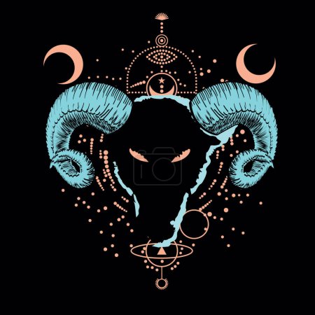 T-shirt design of the head of a goat with horns and an abstract background.