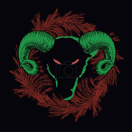 Camiseta de diseño de una cabeza de cabra con cuernos en ramas rojas sobre un fondo negro. círculo satánico
