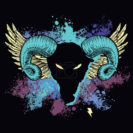 T-shirt design of a goat head with horns and wings on colored spots on a black background.