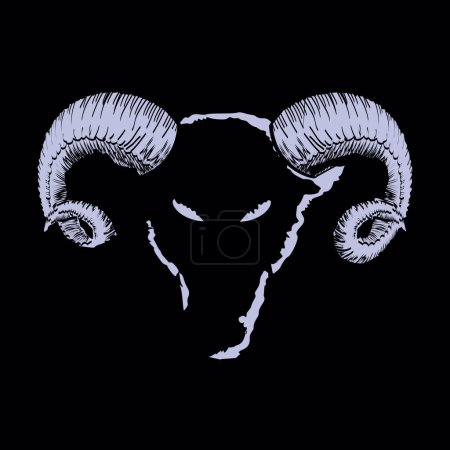 T-shirt design of a goat head with horns on a black background. Satanic animal.
