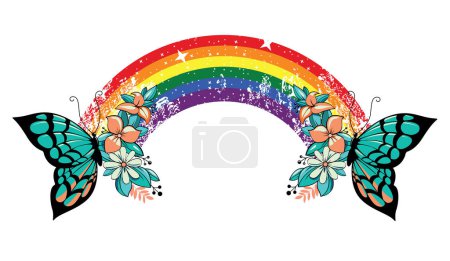 T-Shirt-Design mit zwei Schmetterlingen und einem Regenbogen auf weißem Hintergrund. Schwulenstolz.