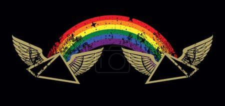 T-Shirt-Design zweier geflügelter ägyptischer Pyramiden, die durch einen bunten Regenbogen auf schwarzem Hintergrund verbunden sind. Schwulenstolz.