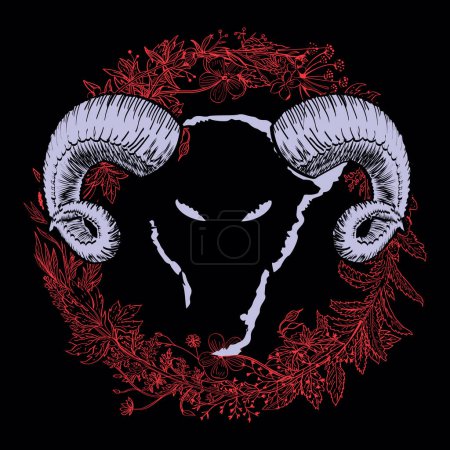 Illustration for T-shirt design of a goat head with horns on red branches on a black background. satanic circle - Royalty Free Image