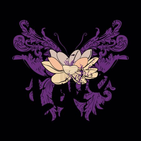  T-shirt design of lotus flower and abstract butterfly with arabesques on a black background.
