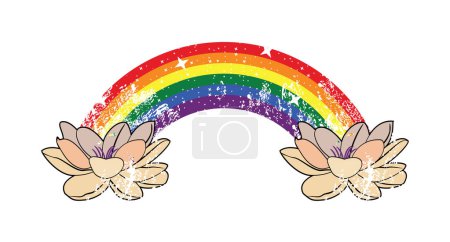 Illustration for T-shirt design of two lotus flowers joined by a multicolored rainbow. Gay pride. - Royalty Free Image