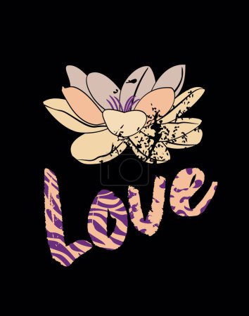 Illustration for Love. Lotus flower and word t-shirt design in animal print on a black background. - Royalty Free Image