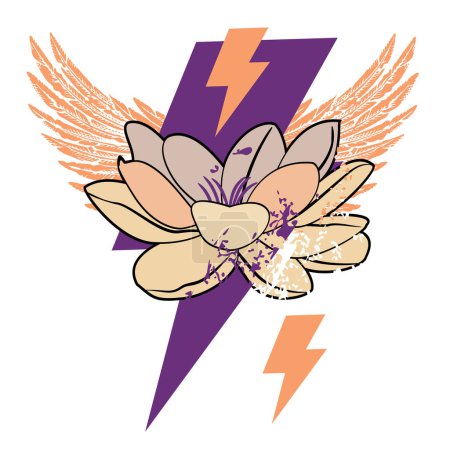T-shirt design of a lotus flower, thunderbolt symbol and two wings in violet and orange colors on a white background.