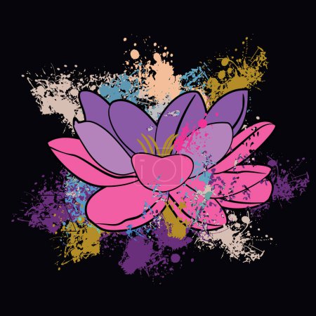 Illustration for Lotus flower t-shirt design in pink tones on a black background. Illustration good for Buddhism and Hindu culture. - Royalty Free Image
