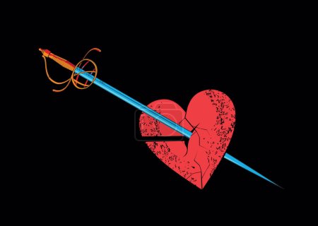 Illustration for T-shirt design of a red heart pierced by a Renaissance sword. Illustration for Valentine's Day. - Royalty Free Image