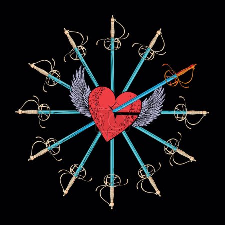 Winged heart t-shirt design with a stuck sword and multiple swords forming a circle on a black background.