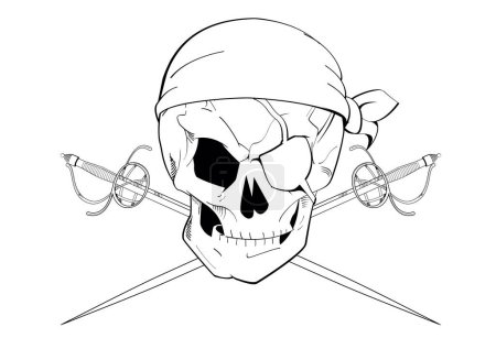 Ilustración de Diseño de camiseta de cráneo pirata con un parche en los ojos y dos espadas cruzadas. Ilustración monocromática para tatuajes. - Imagen libre de derechos