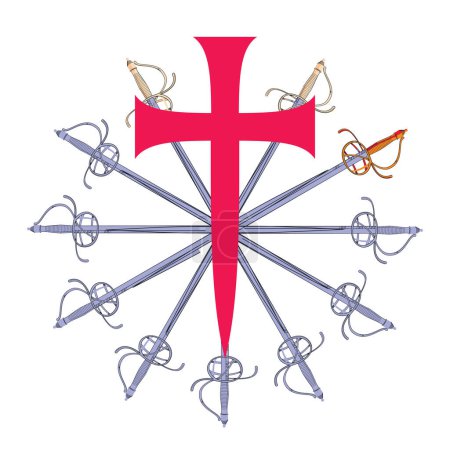 Téléchargez les illustrations : T-shirt design d'une grande croix médiévale avec un ensemble d'épées Renaissance en cercle. - en licence libre de droit
