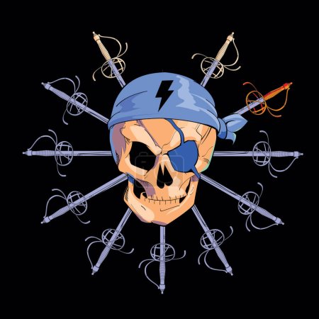 T-shirt design with a pirate skull with a thunder symbol and a set of Renaissance swords in a circular design on a black background.
