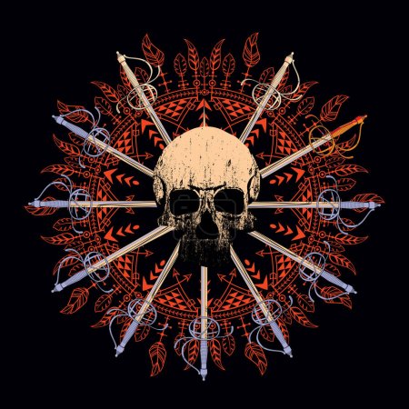 Design for a skull t-shirt along with a mandala and a set of swords. demonic illustration