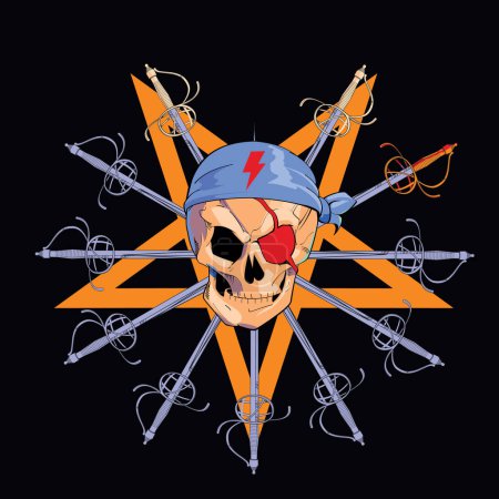 Skull t-shirt design with a demonic star and a set of Renaissance swords on a black background