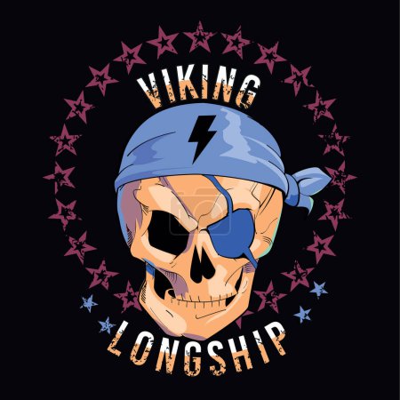 Ilustración de Longitud vikinga. Diseño de camiseta de cráneo pirata con parche de un ojo y símbolo de rayo sobre un fondo negro. - Imagen libre de derechos