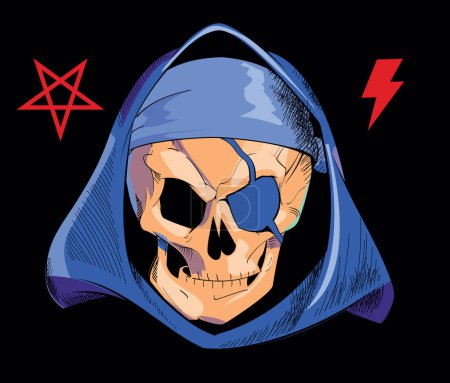 Illustration for Design for a pirate skull t-shirt with a blue hood along with symbols of thunder and a red five-pointed star on a black background. - Royalty Free Image